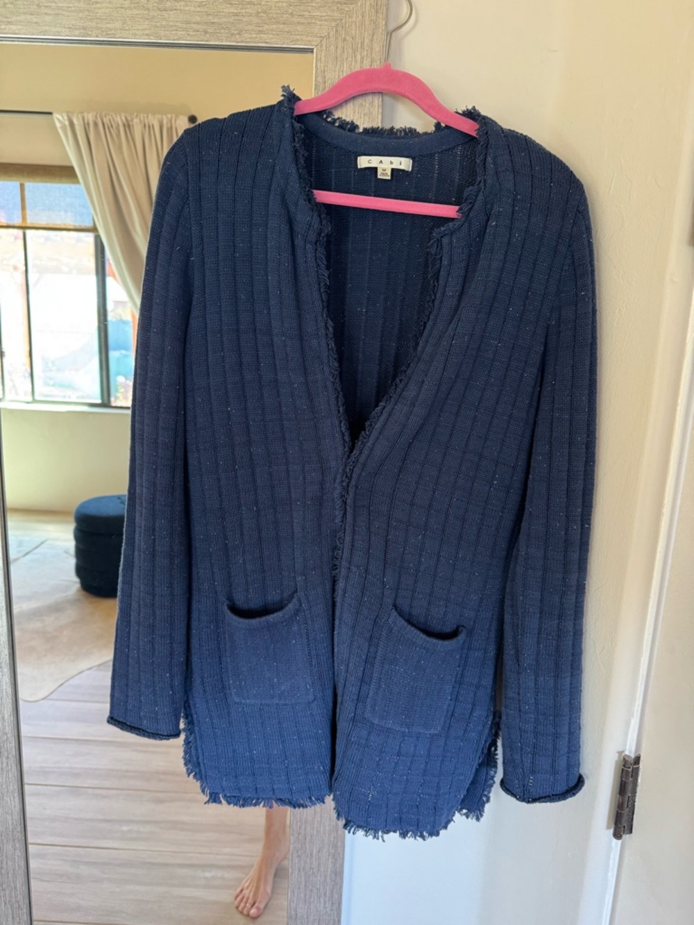CAbi Navy Open-Front Ribbed Cardigan with Frayed Edges